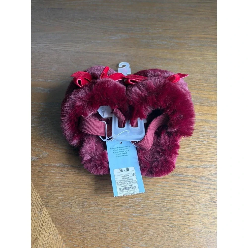 Cat & Jack Adler Burgundy Faux Fur Slippers with Velvet Bow Kids Size M 7/8 NWT